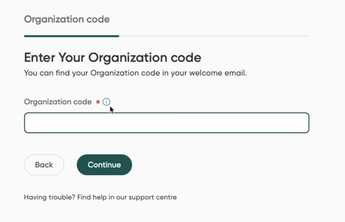 The Organization code screen