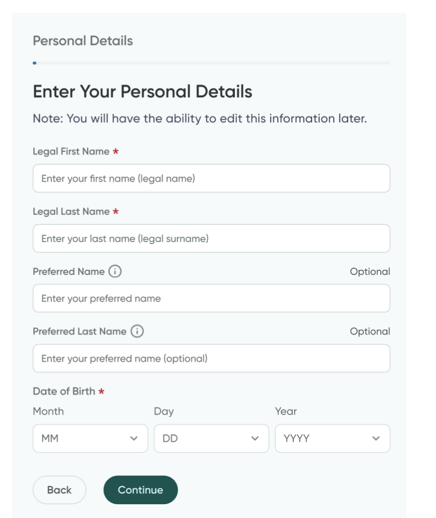 The Personal Details screen