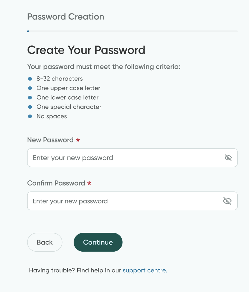 The Create Password screen
