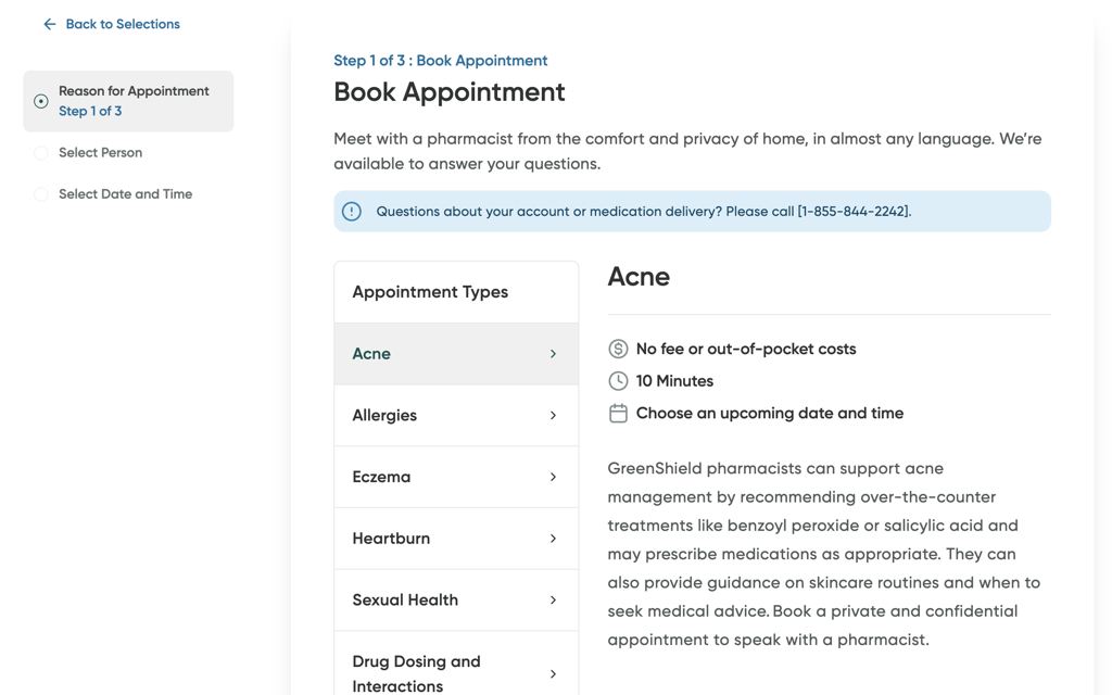Step 1 of the appointment booking process