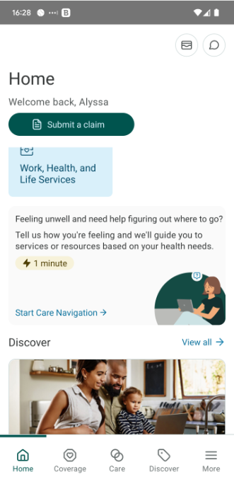 The Home screen with the Care Navigation section in focus
