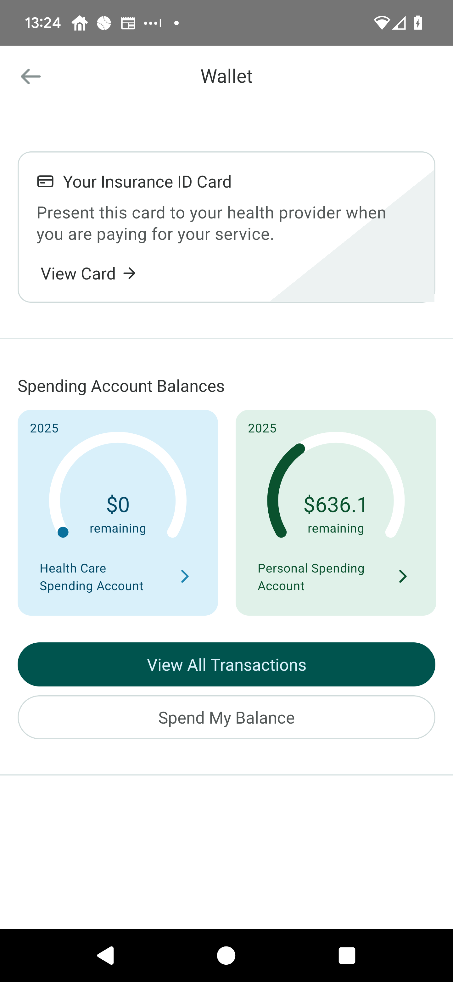 The Wallet screen, displaying options to view the Member ID card or the Spending account balances.