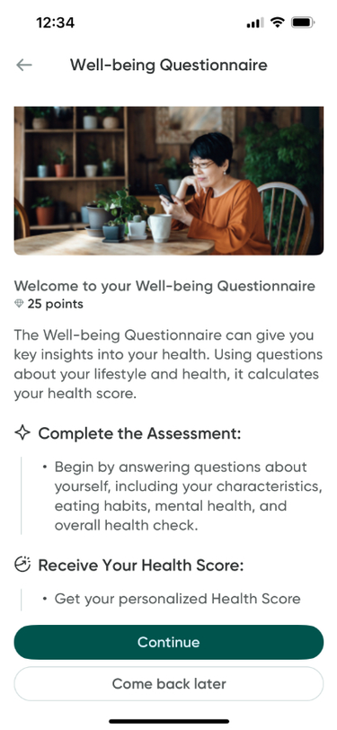 The Well-being Questionnaire screen