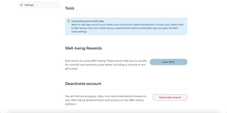 Deactivation screen for a Well-being account