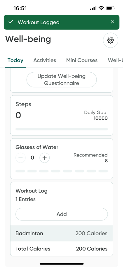 The Workout Logged sceen